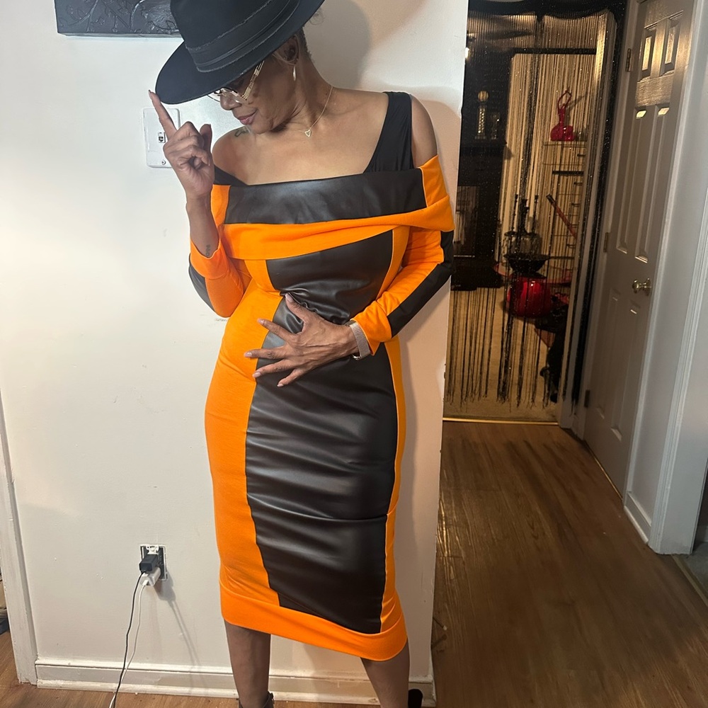 Chic Orange and Black Off-Shoulder Dress